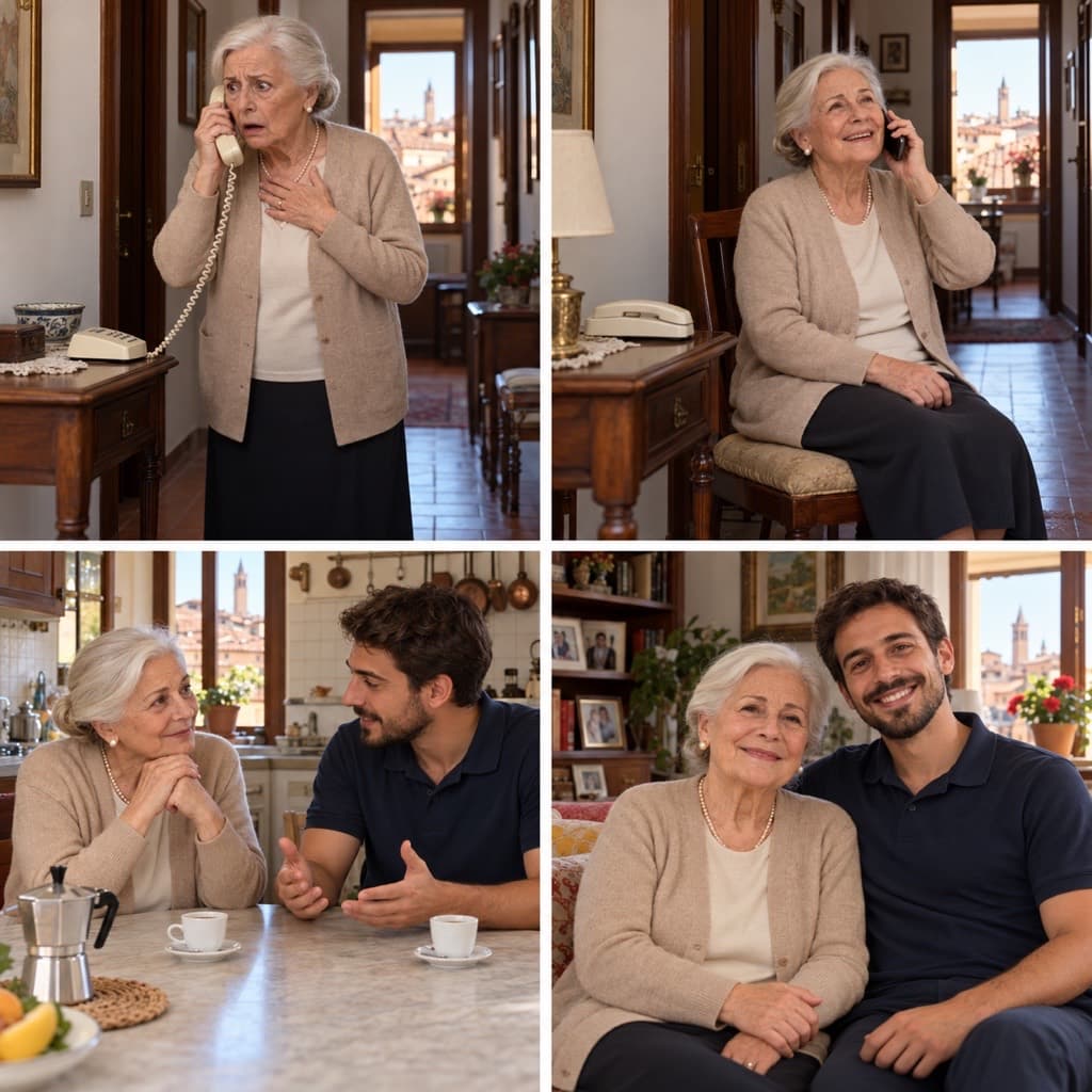 Quattro foto: una signora spaventata al telefono fisso, poi al cellulare con un sorriso di sollievo; in cucina un giovane tecnico le spiega qualcosa davanti al caffè; alla fine sono seduti vicini sul divano, sorridenti.