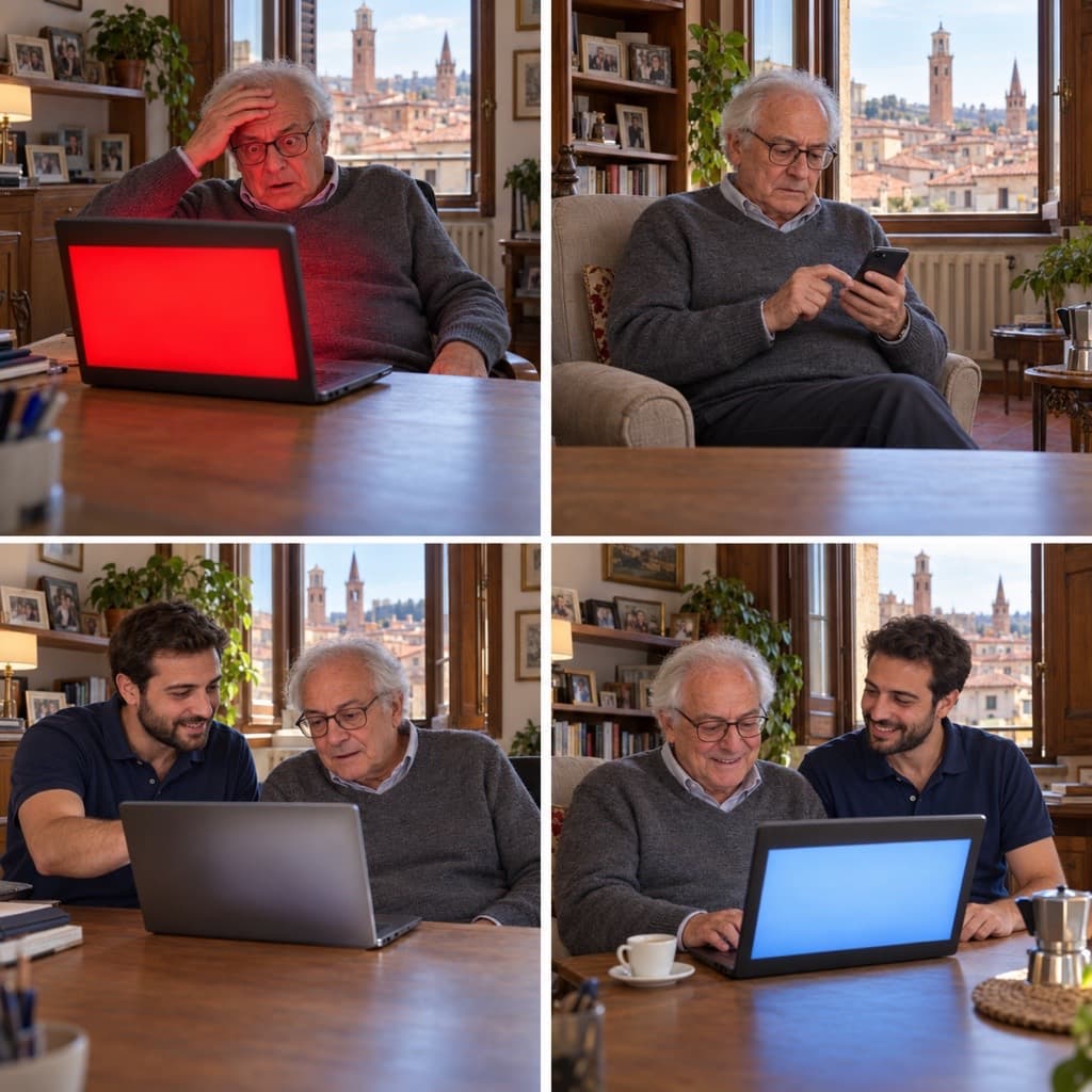 Quattro foto: un signore si tiene la fronte davanti al computer con lo schermo tutto rosso, poi scrive sul telefono; al tavolo un giovane tecnico guarda il computer con lui; alla fine lo schermo è tornato normale e sorridono.