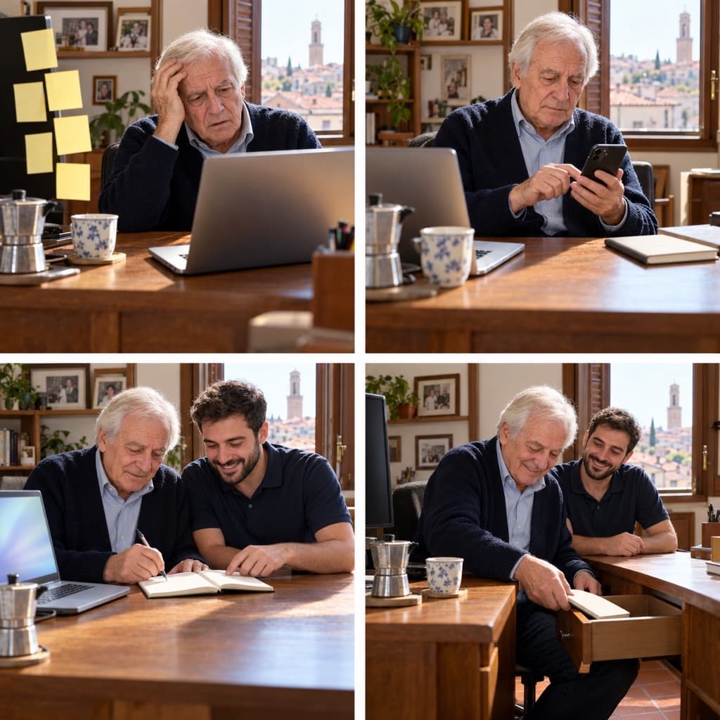 Quattro foto: un signore alla scrivania, circondato da foglietti gialli, si tiene la testa, poi scrive sul telefono; un giovane tecnico lo aiuta a scrivere in un quaderno; alla fine il signore ripone il quaderno nel cassetto.