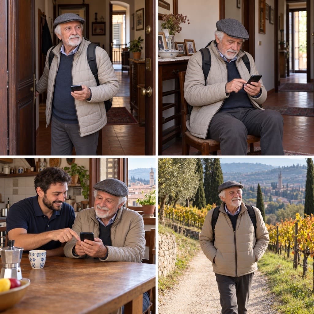 Quattro foto: un signore con berretto e zaino sulla porta di casa guarda il telefono, poi scrive un messaggio; al tavolo un giovane tecnico gli mostra lo schermo; alla fine il signore cammina sereno su un sentiero tra le vigne.