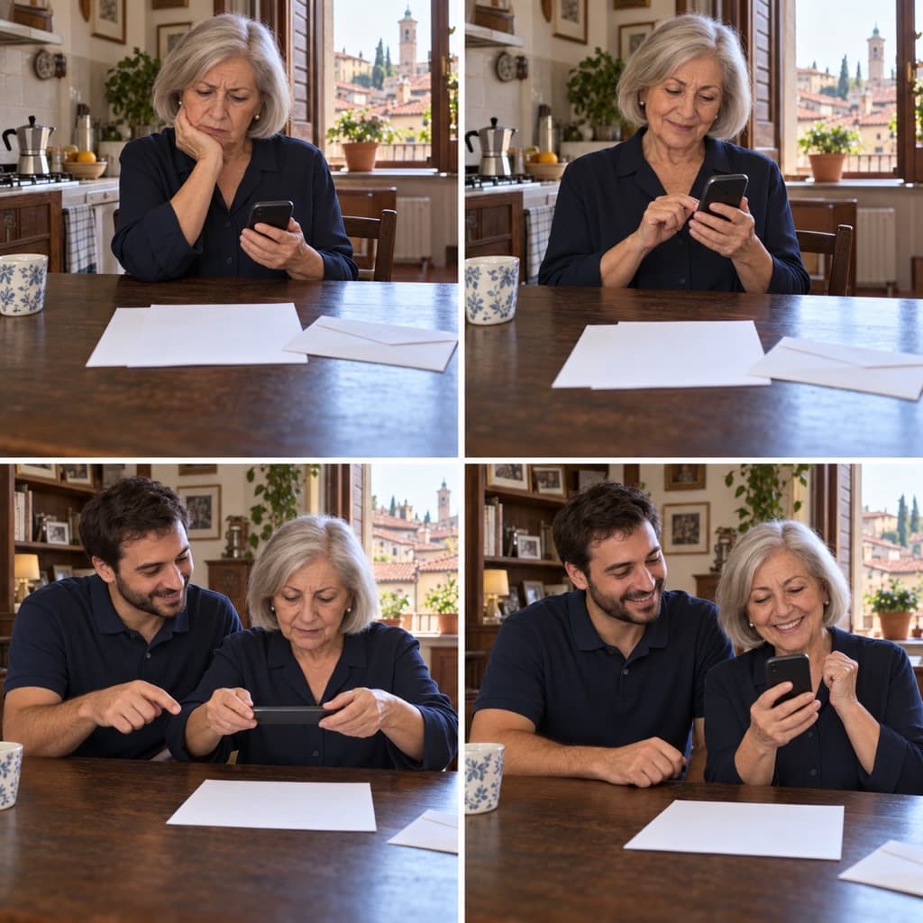 Quattro foto al tavolo di cucina: una signora guarda il telefono accanto ad alcuni fogli, poi scrive un messaggio; un giovane tecnico le mostra come inquadrare il foglio con il telefono; alla fine lei manda il documento, sorridendo.